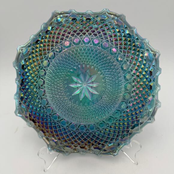 Vintage Indiana Carnival Glass Windsor Blue 10" Round Crimped Bowl - Picture 3 of 6